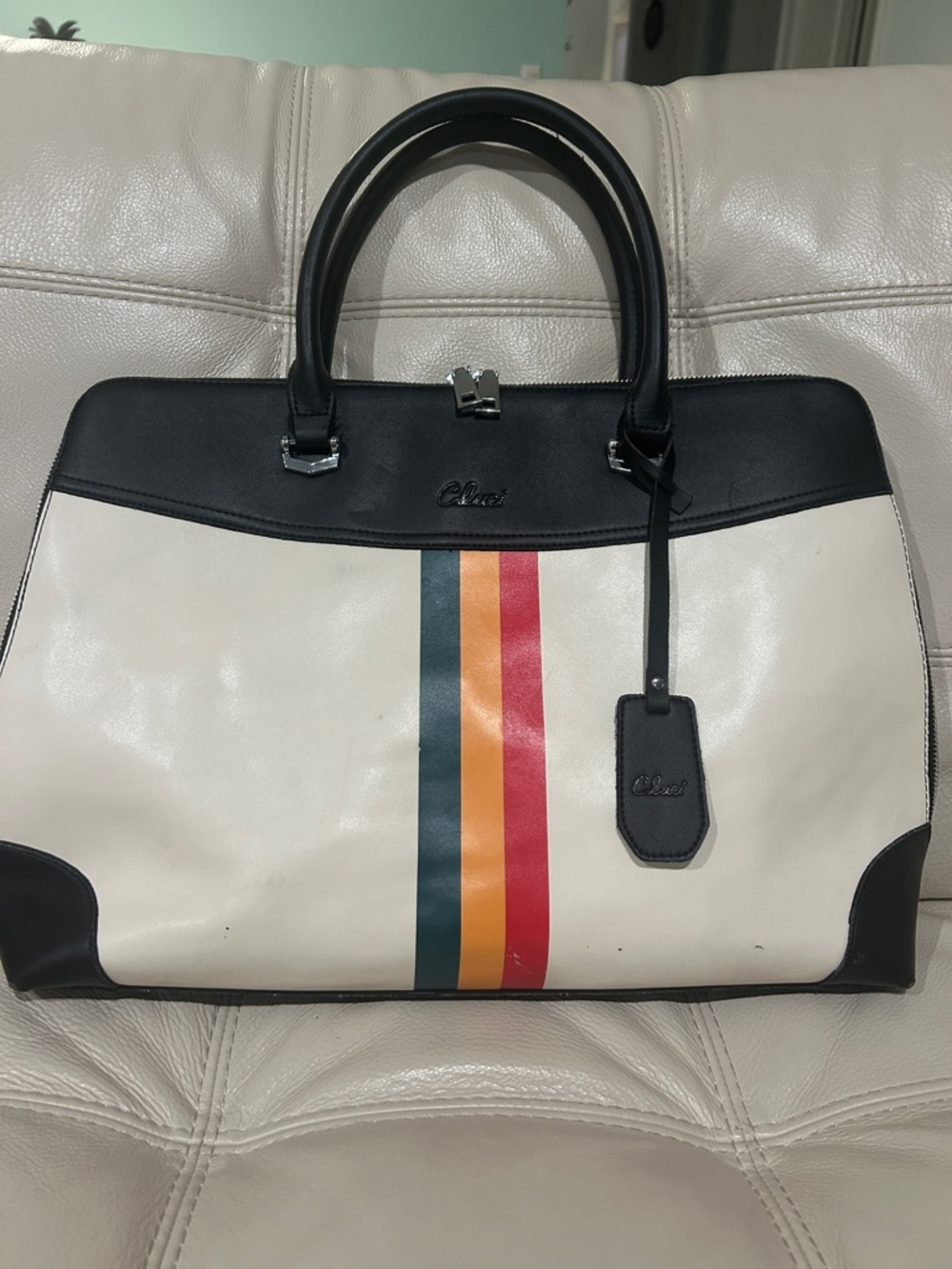 Cluci Black & Ivory Leather Striped Satchel/Laptop Luxury Bag